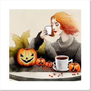 Drinking Coffee Halloween Autumn Moods Posters and Art